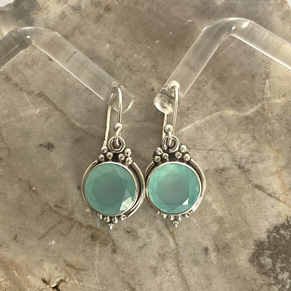 Sterling Silver 925 YS India Round Faceted Chalcedony Quartz Dangle Earrings - Picture 4 of 16